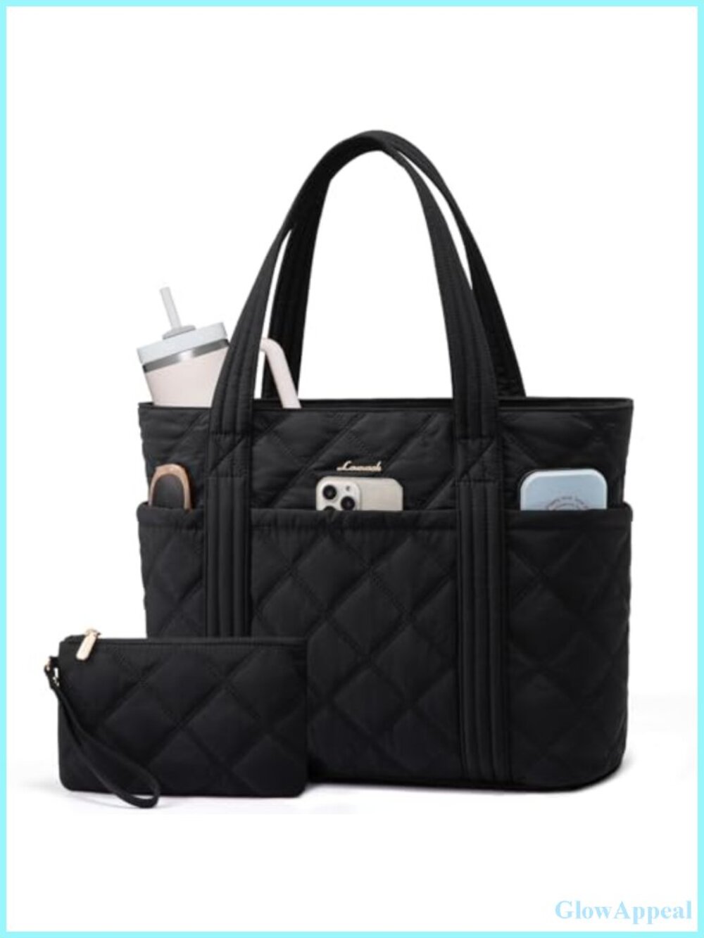 Quilted Nylon Puffer Tote Bag with Cup Holder for Women Work Travel